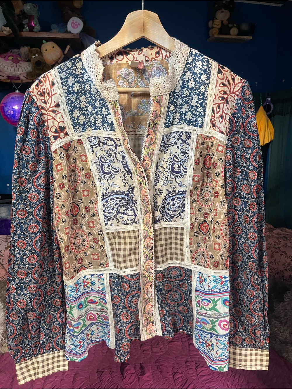 Pilcro Multicolor Patchwork Boho Blouse with Lace Trim